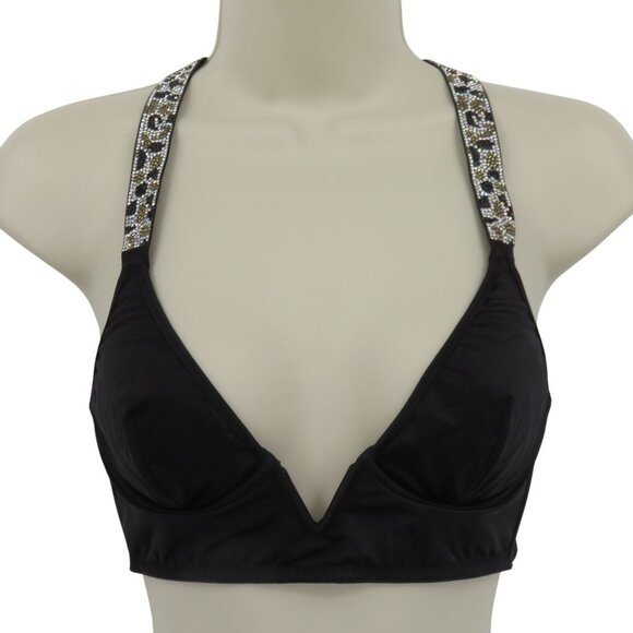 Victorias Secret Small Deep V Black Animal Rhinestone Bralette Bra Underwire - Picture 1 of 15
